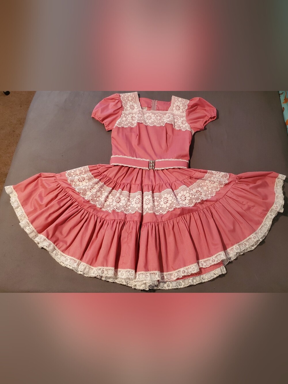 Kate Schorer Originals Vtg Pink & White LaceTrim Square Dance Costume Dress M/L